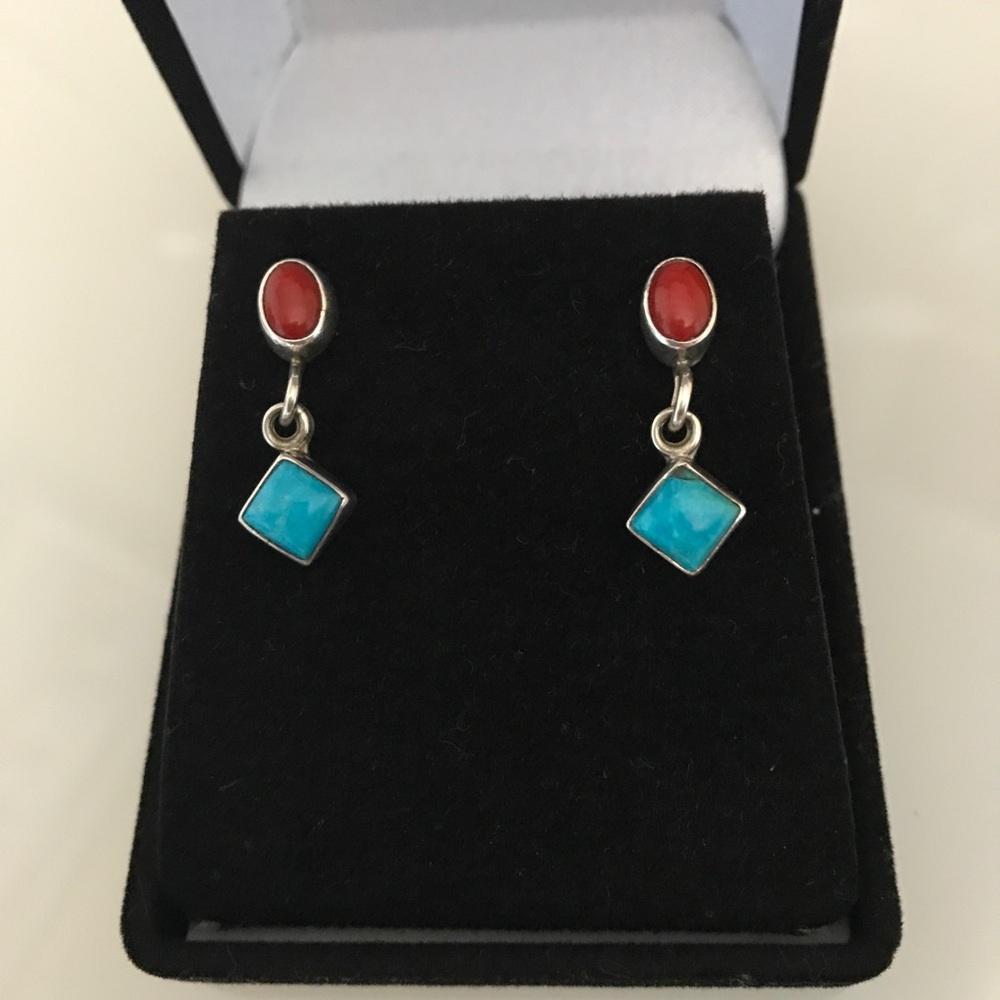 Vintage silver turquoise red coral earrings